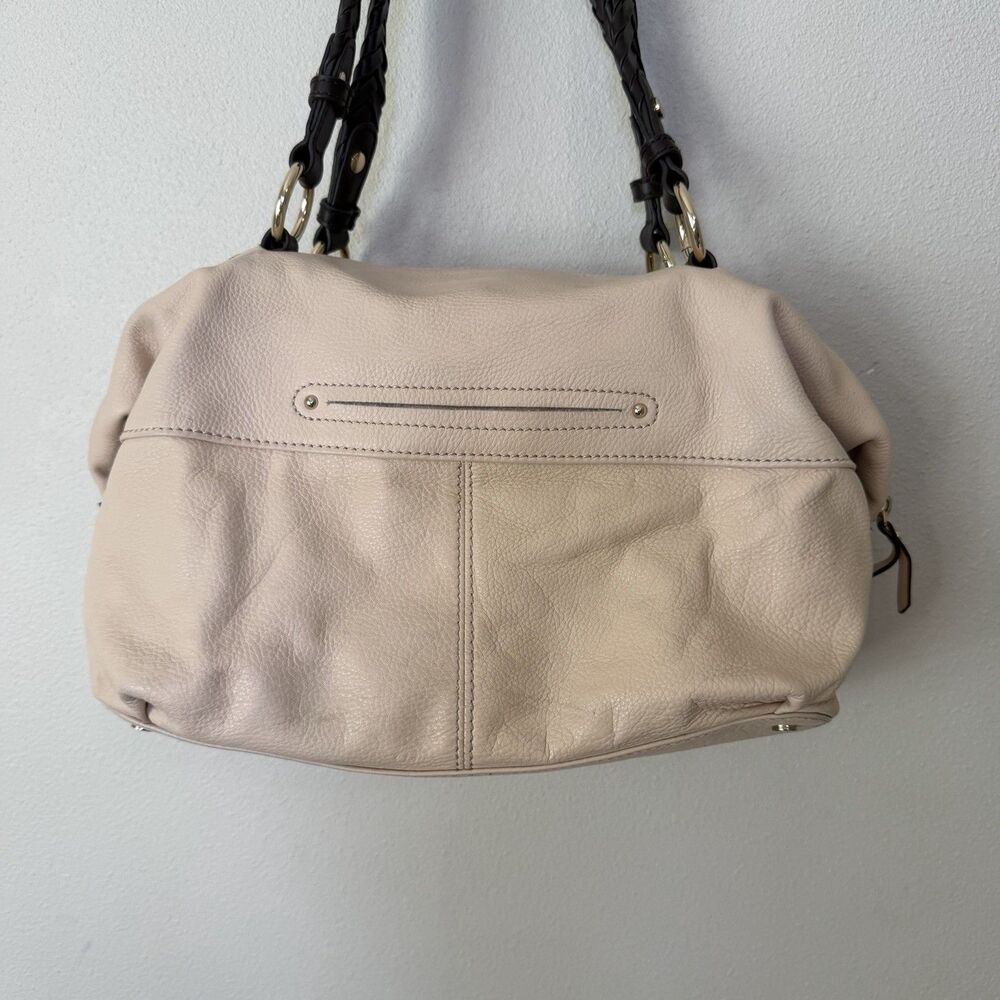 B. Makowsky Cream Beige Leather Shoulder Bag Satchel Braided Handles Boho Purse - Picture 2 of 16